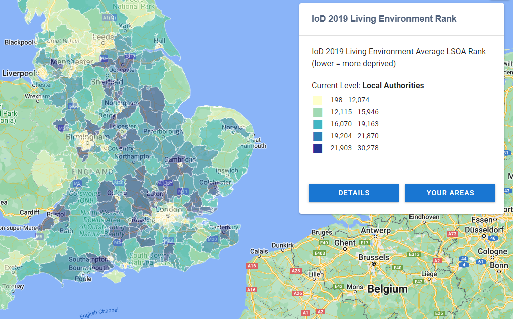 Colour-coded map of England highlighting the IoD 2019 Living Environment Average LSOA Rank for local authorities. Legend specifies rank ranges, where a lower rank indicates more deprivation. Titled 'IoD 2019 Living Environment Rank'.