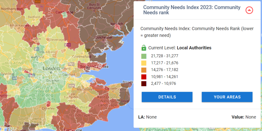 The Community Needs Index, laid over the UK in the style of a Choropleth map, alongside a legend describing the scale.