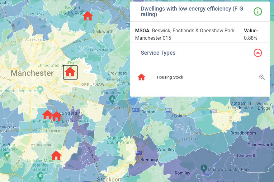 Map image demonstrating how housing stock can be placed with choropleth information on Dwellings with low energy efficiency (F-G rating) 