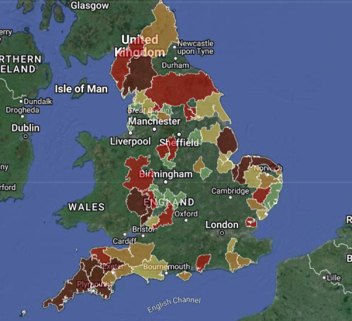 Image of the UK showing hotspots of dwellings with low energy efficiency (F-G rating) 