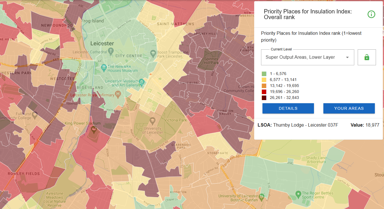 A choropleth map of housing and planning data indicator 'Priority Places for Insulation Index ' shown on Local Insight