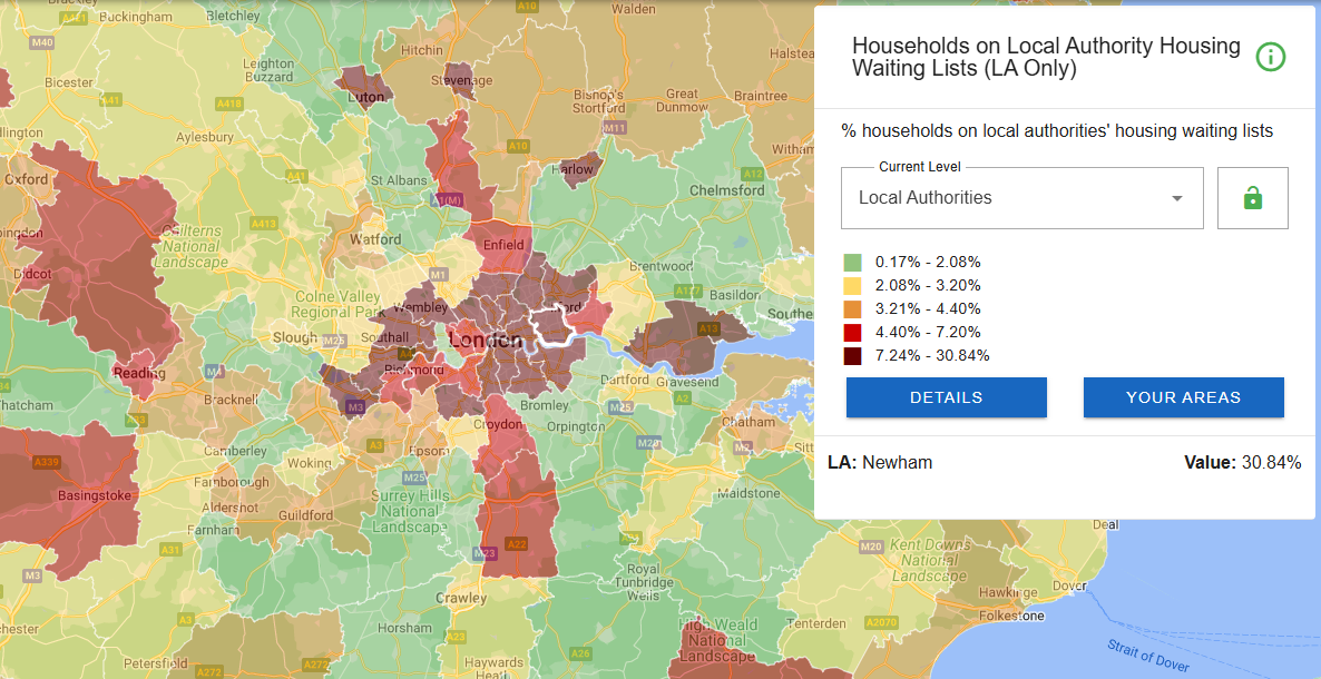 A choropleth map of housing and planning data indicator 'House building, UK: permanent dwellings started and completed by local authority' shown on Local Insight