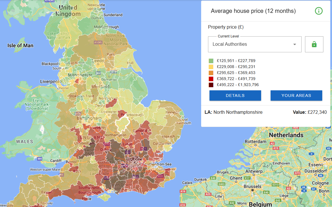 A choropleth map of housing and planning data indicator 'Average house price by dwelling type ' shown on Local Insight