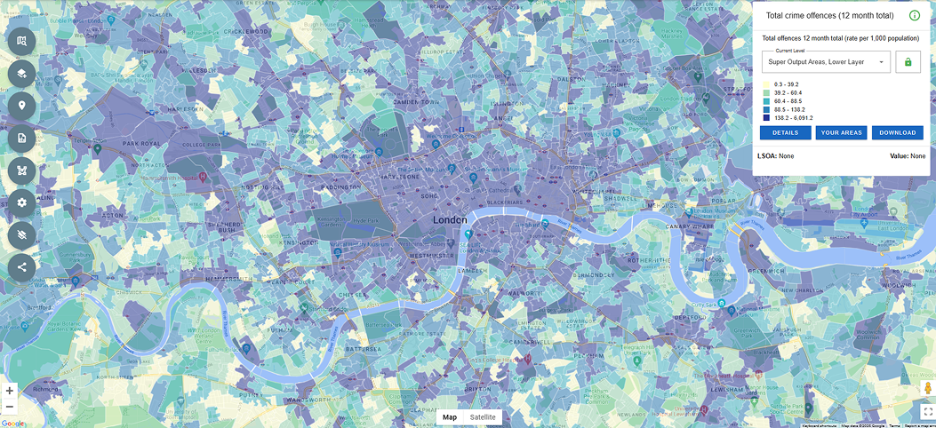 Choropleth map showing how Local Insight displays processed crime data from police uk