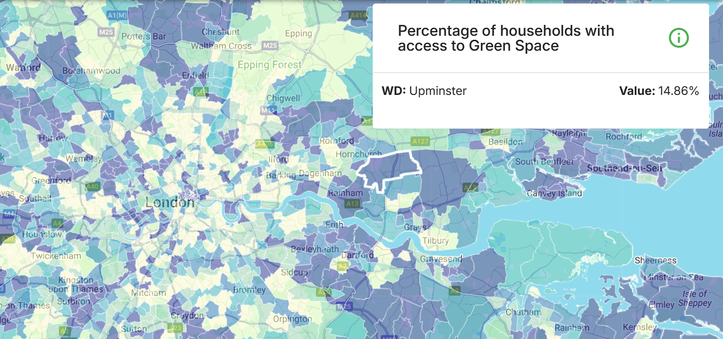 An image of London wards and the percentage of households with access to green space, as shown within Local Insight.
