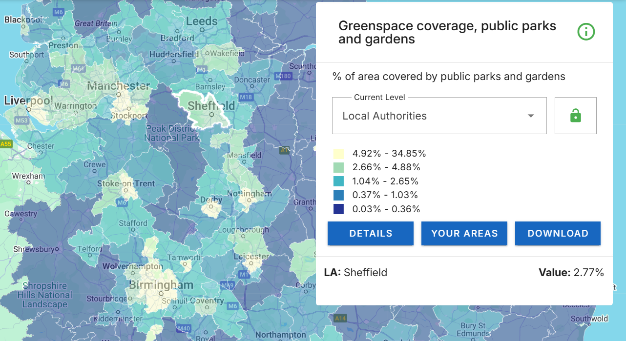 An image of the Greenspace coverage, as shown within Local Insight.