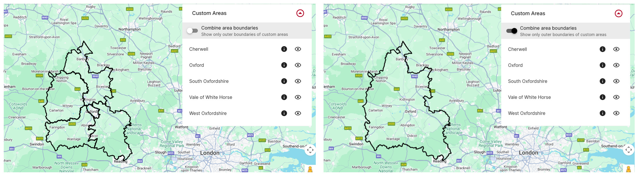 Shows two map areas images of the Oxfordshire area side by side. One shows the district boundaries, the other shows no internal boundaries.
