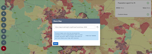 Image shows a choropleth map, with a popup that includes a shareable URL