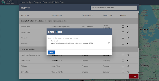 Shows a screenshot from Local Insight, with a unique URL to shar a report