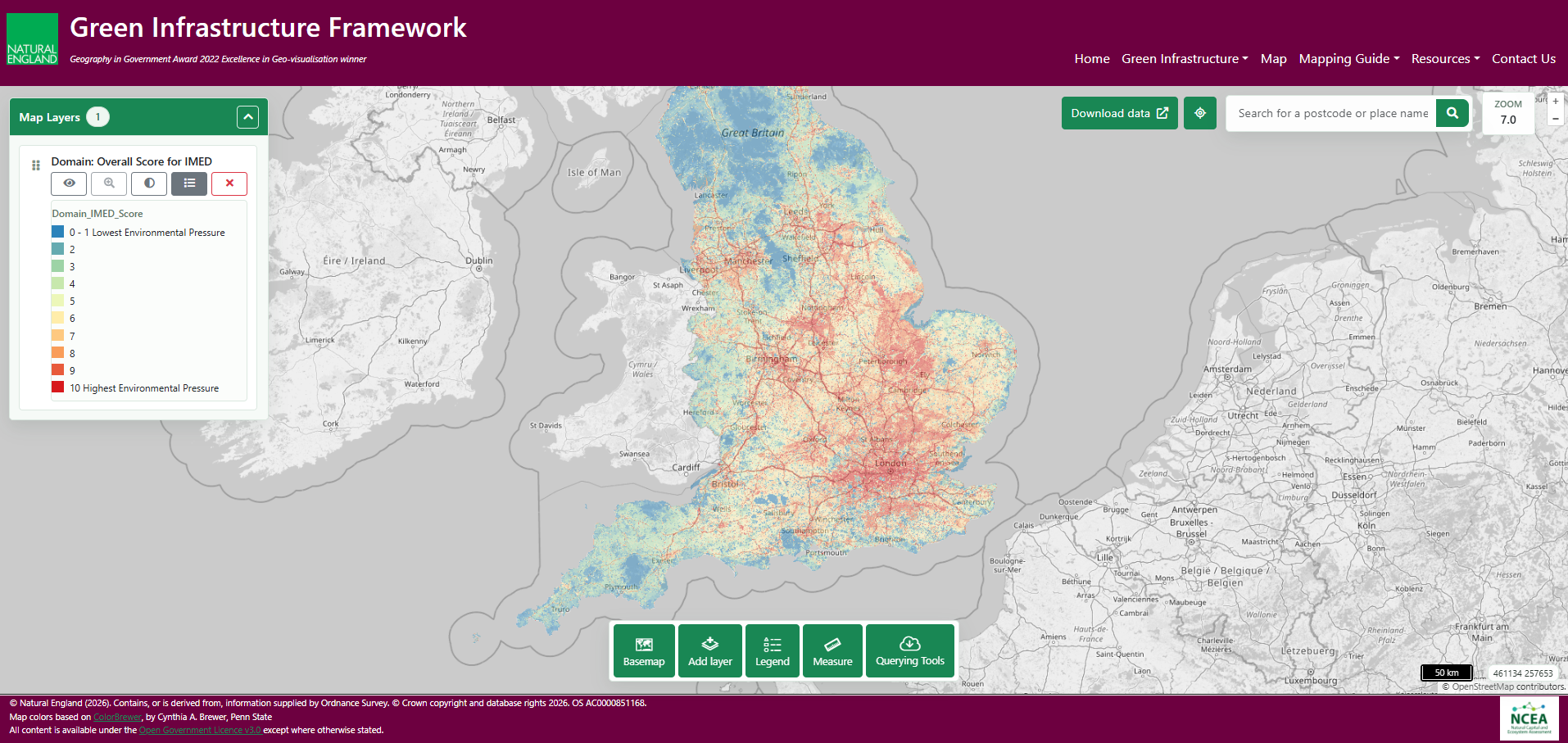 Natural England's IMED as detailed national maps on a 100-metre raster grid.